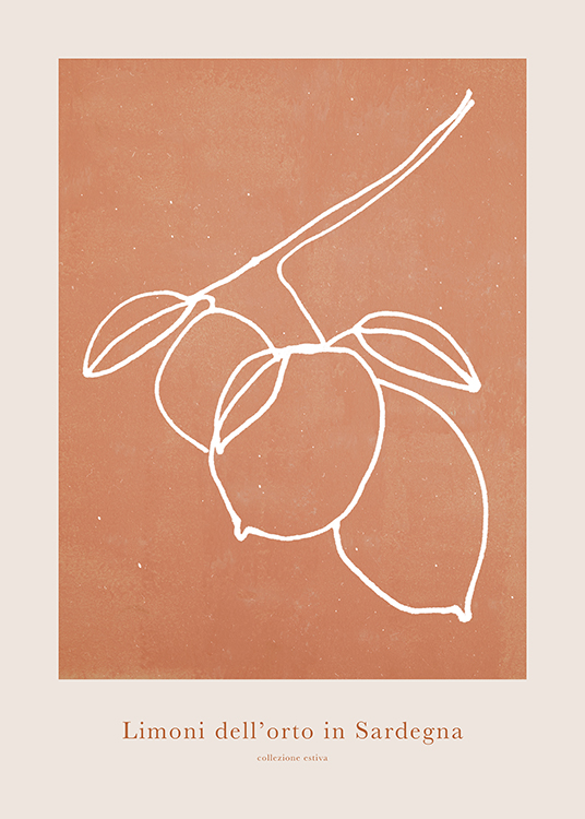  – Illustrasjon av en hvit grein med sitroner mot en oransje og lys beige bakgrunn, med tekst under