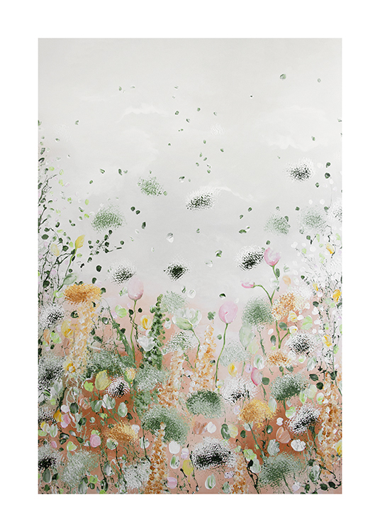  – Abstrakt maleri med små planter og blomster i forskjellige farger mot en grå bakgrunn