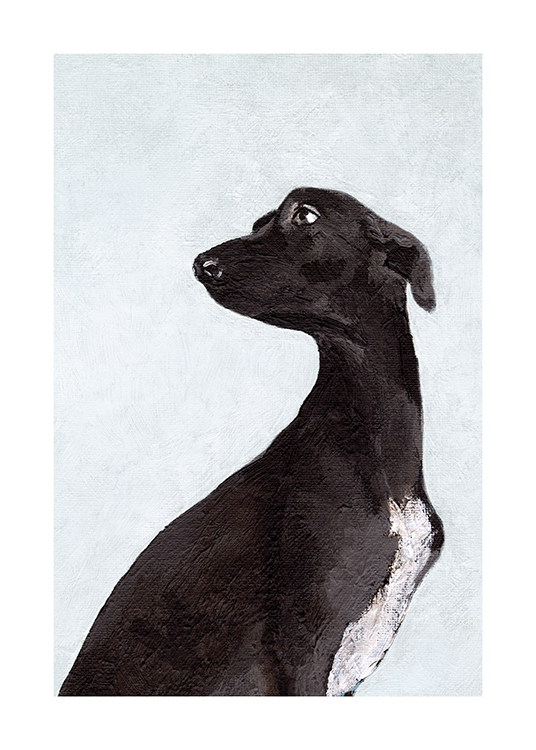  – Maleri med en håndmalt svart hund mot en lys blå-grå bakgrunn