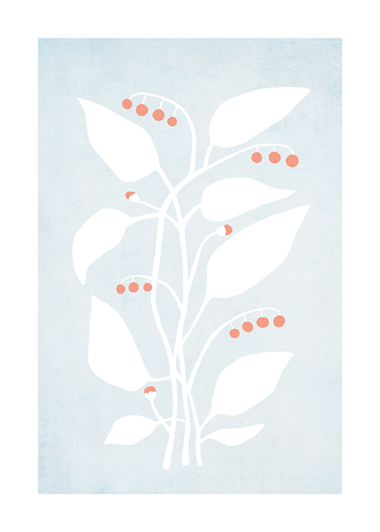  – Illustrasjon av hvite blader og røde bær mot en lyseblå bakgrunn