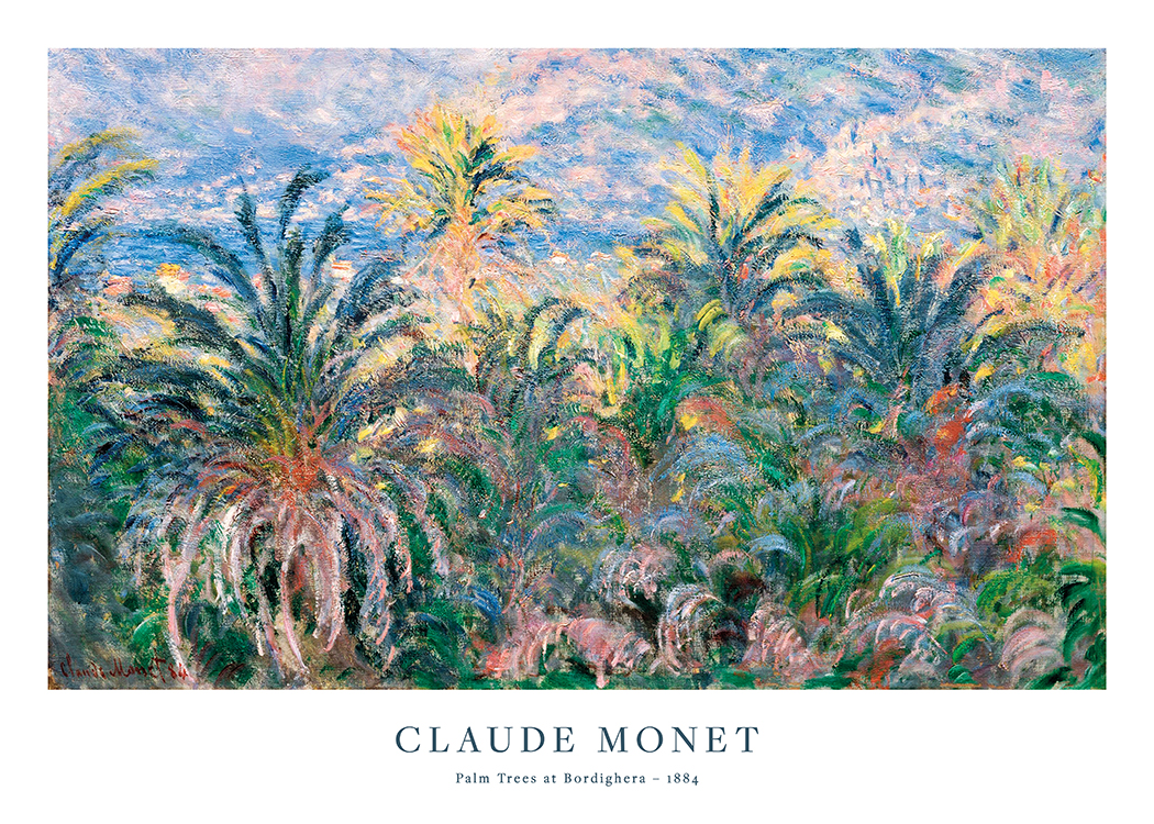  – Maleri av Monet med fargerike, abstrakte palmer, med en blå og rosa himmel i bakgrunnen