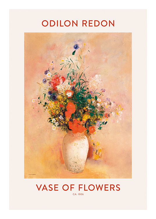  – Maleri av en vase med fargerike blomster, mot en oransje og lys beige bakgrunn