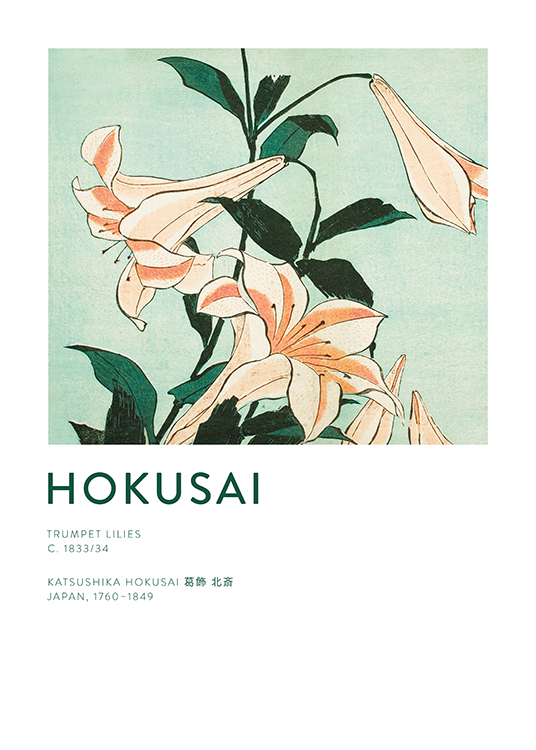 – Maleri av Hokusai av trompetliljer og grønne blader mot en lysegrønn bakgrunn