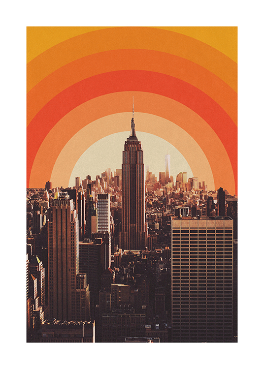  – Fotografi av bygninger i New York City, med en abstrakt, grafisk solnedgang i bakgrunnen