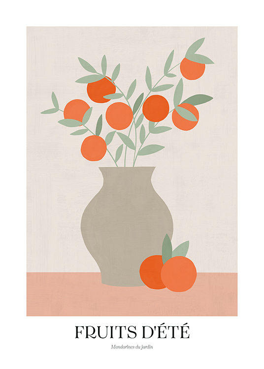  – Grafisk illustrasjon av en vase med appelsiner, mot en rosa og grå-beige bakgrunn