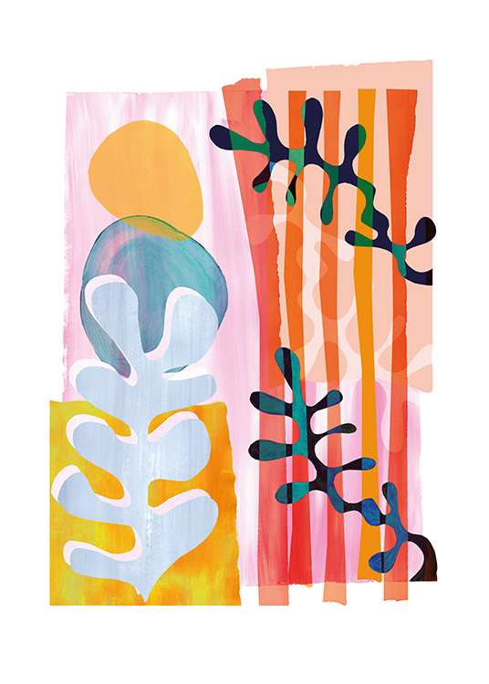  – Abstrakt illustrasjon med tang og korallformer mot en fargerik bakgrunn