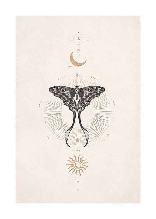  – En symmetrisk plakat med en måne, sol og sommerfugl