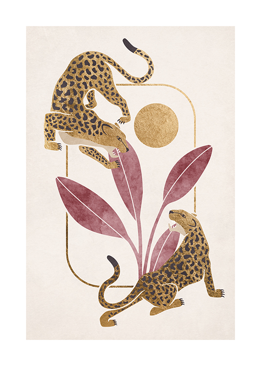  – En illustrasjon av to leoparder på en savanneinspirert bakgrunn