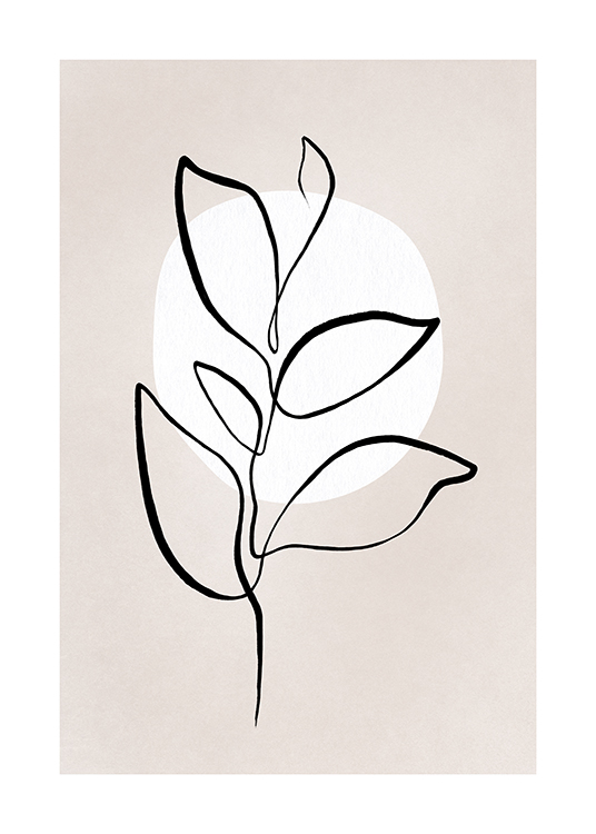  – Illustrasjon av et svart blad tegnet med streker mot en beige bakgrunn med en hvit sirkel