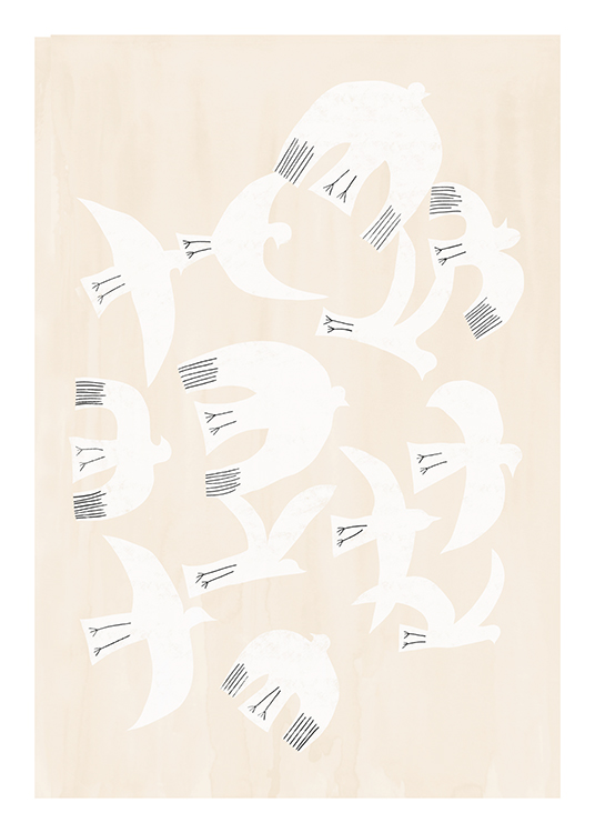  – Grafisk illustrasjon av en flokk hvite fugler mot en beige bakgrunn