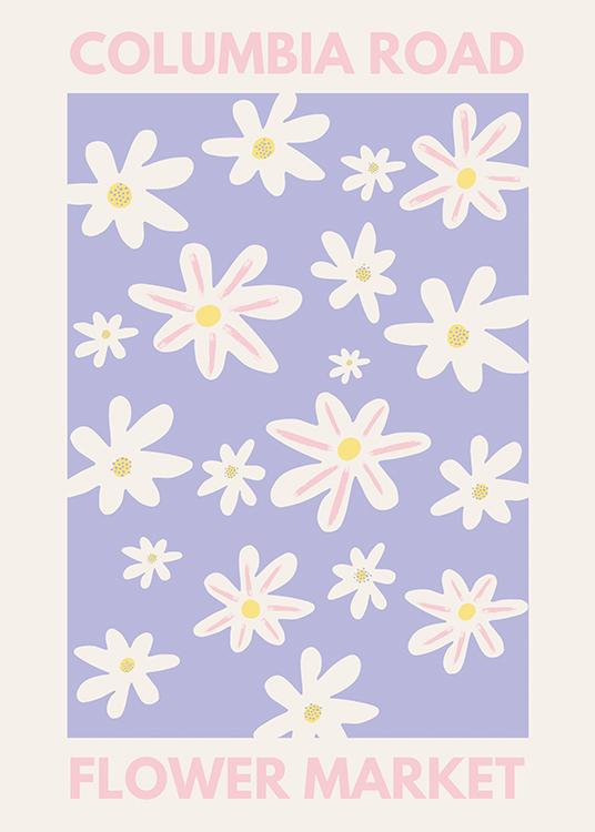  – Grafisk illustrasjon med et blomstermønster med hvite blomster mot en lilla bakgrunn