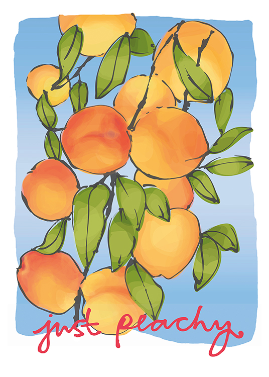  – Illustrasjon av en oransje fersken med grønne blader mot en blå bakgrunn, med tekst under