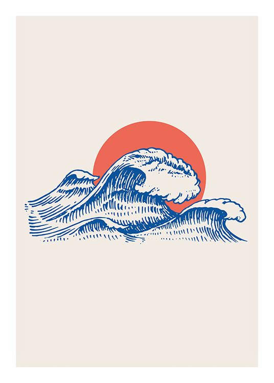  – Illustrasjon av blå havbølger med en rød sol bak, mot en beige bakgrunn