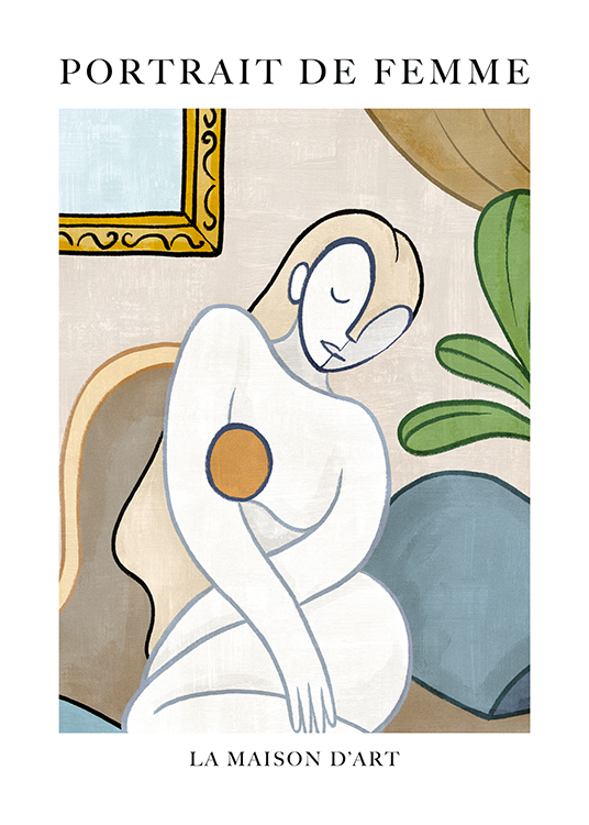  – Abstrakt illustrasjon med et portrett av en naken kvinne i hvitt og beige