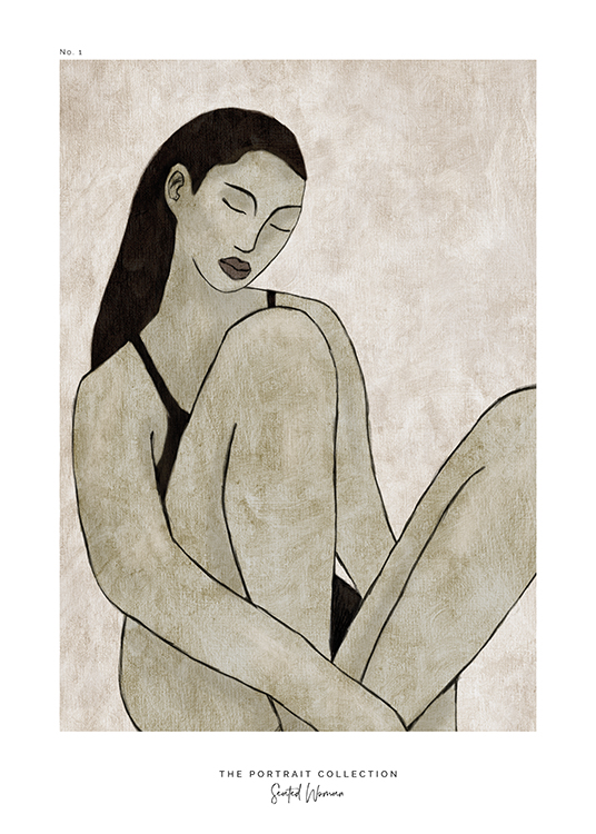  – Illustrasjon i gråtoner av en kvinne som sitter med beina opp, mot en beige bakgrunn