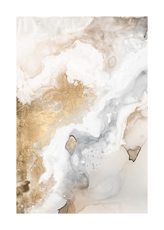  – Abstrakt maleri i hvitt, beige og gull, med flytende farger