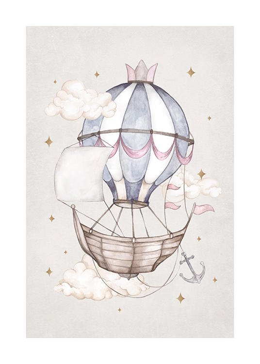  – Illustrasjon av en båt festet til en blå luftballong, omgitt av skyer og gnister