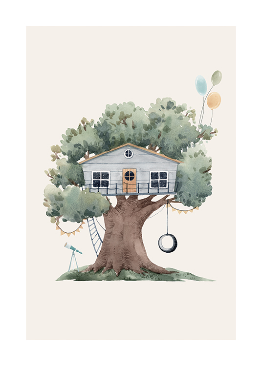 – Illustrasjon av et blått hus i et grønt tre med en huske og ballonger, mot en lys beige bakgrunn