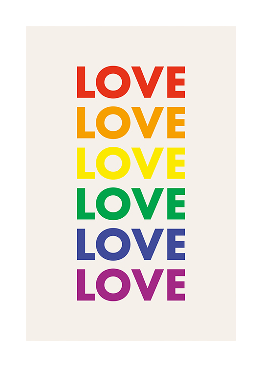  – Tekstplakat med ordet «Love» skrevet flere ganger i regnbuefarger mot en lys beige bakgrunn