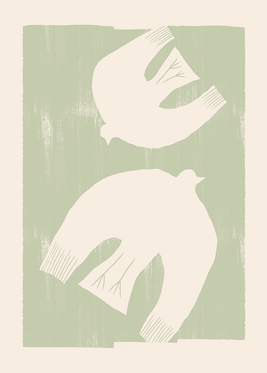  – Illustrasjon med abstrakte fugler i lys beige mot en grønn bakgrunn med struktur