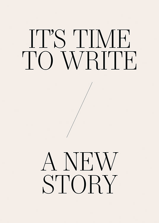  – Teksten «It's time to write a new story» delt med en strek, skrevet i svart mot en lys beige bakgrunn