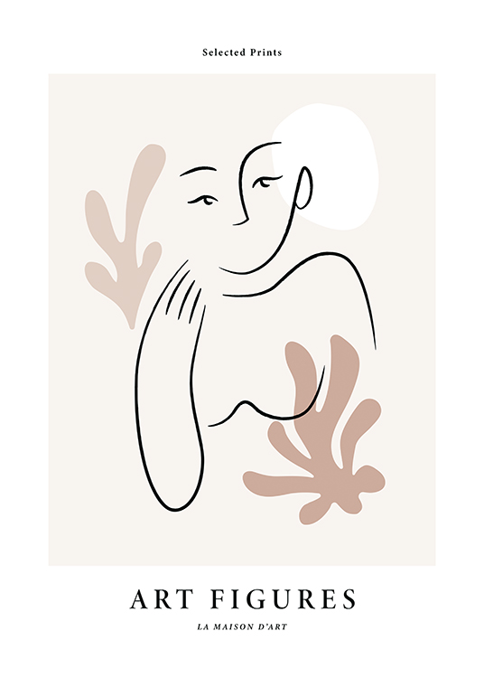  – Line art-illustrasjon med en abstrakt kvinne, beige blader og en hvit sirkel mot en lys bakgrunn