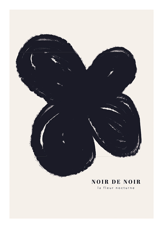  – Illustrasjon av en abstrakt blomst i svart mot en lys beige bakgrunn, med tekst under