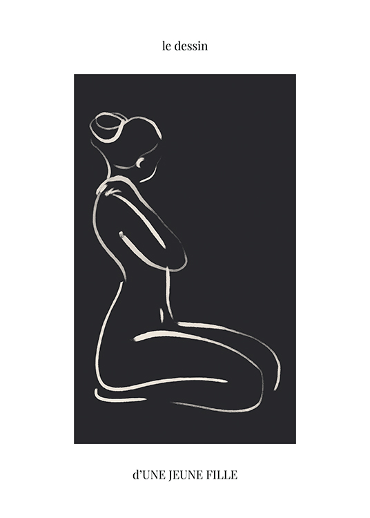  – Illustrasjon med en naken kvinne på kne, tegnet i line art mot en svart og lys bakgrunn