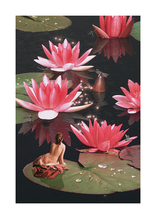  – Illustrasjon med rosa vannliljer som flyter i glitrende vann, og en kvinne som sitter på et vannliljeblad