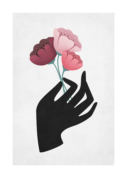  – Illustrasjon av tre rosa blomster som holdes av en svart hånd mot en lysegrå bakgrunn