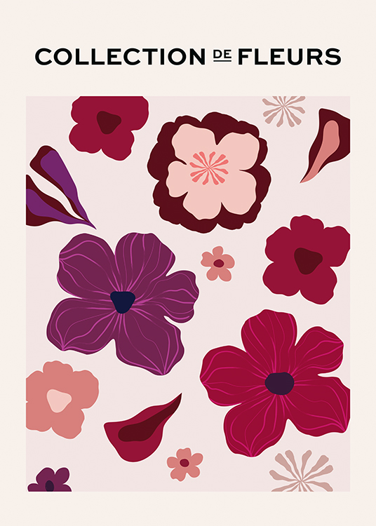  – Grafisk illustrasjon med lilla, rosa og røde blomster mot en beige bakgrunn, med tekst øverst