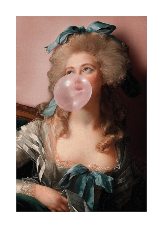  – Malt portrett av en kvinne med en sløyfe i håret, som blåser en rosa tyggegummiboble