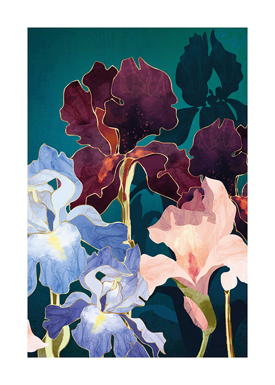 – Illustrasjon med blå, rosa og mørk lilla irisblomster mot en grønnblå bakgrunn