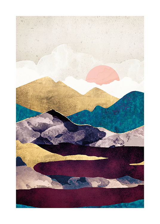 – Illustrasjon med gylne og blå fjell bak en mørkerød innsjø, med en beige himmel i bakgrunnen
