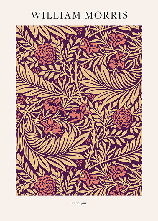  – Illustrasjon med rosa blomster og beige blader mot en mørk lilla bakgrunn