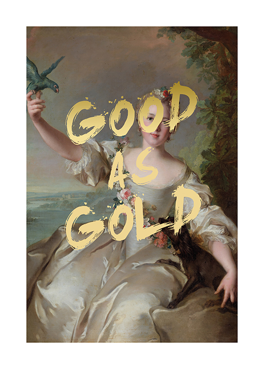  – Portrett av en kvinne i en beige kjole, med gyllen tekst i midten