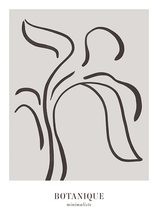  – Line art-illustrasjon av mørkegrå abstrakte blomster mot en grå bakgrunn