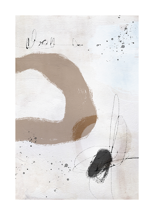  – Maleri med abstrakte malingsflekker og former i grått og beige mot en lysegrå bakgrunn