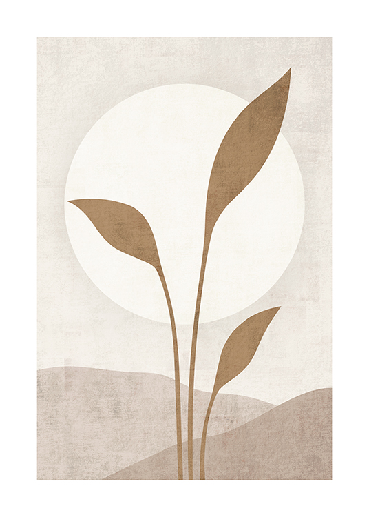  – Illustrasjon med en hvit sol bak beige blader mot en beige bakgrunn