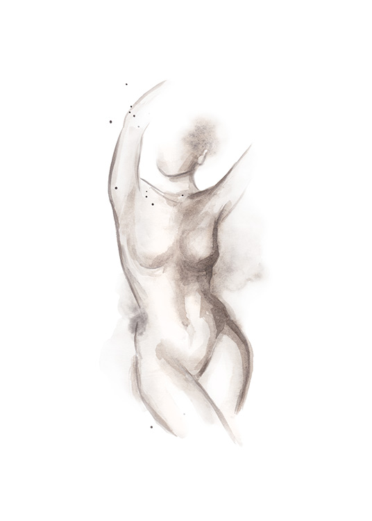  – Skisse av en naken kvinnekropp med armene strukket opp, mot en hvit bakgrunn
