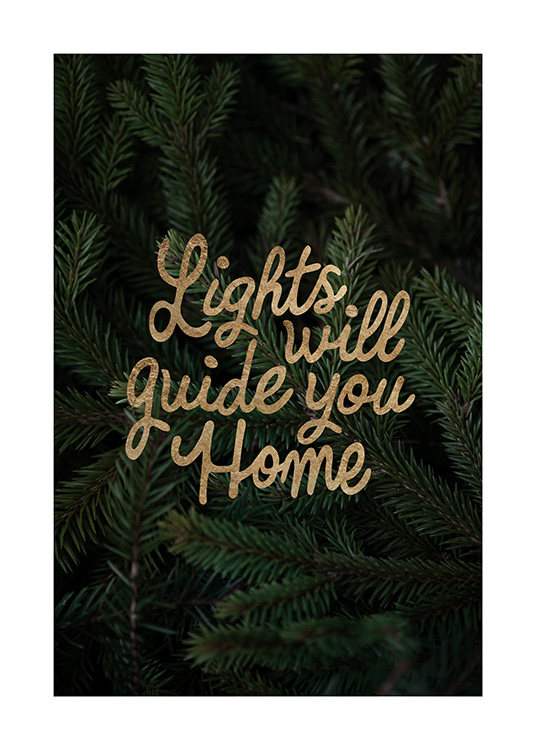  – Fotografi av juletregreiner, med sitatet «Lights will guide you Home» i gyllen tekst