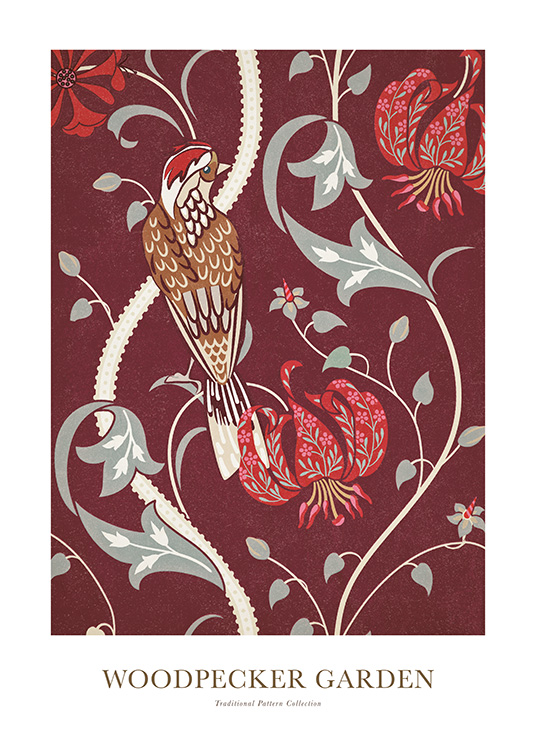 – Illustrasjon av en liten fugl og et rødt og grått blomstermønster mot en rød bakgrunn