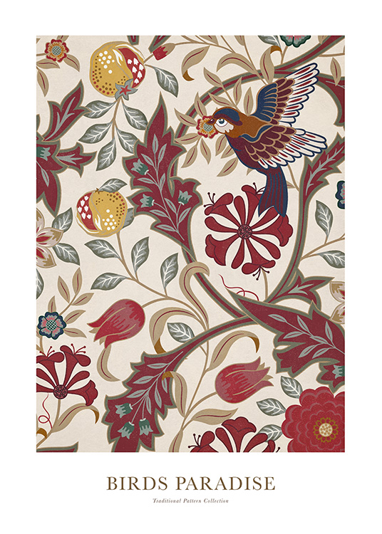  – Illustrasjon med en fugl og blomster i rødt, grått og beige mot en lys beige bakgrunn