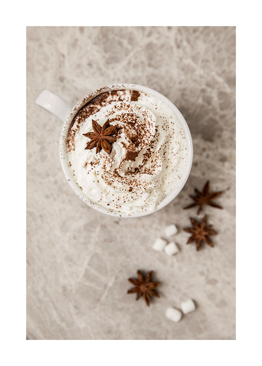  – Fotografi av en kopp med kakao med krem med et dryss av kanel, stjerneanis og små marshmallows