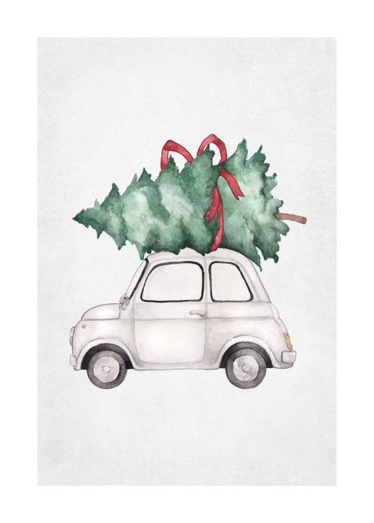  – Illustrasjon av en liten bil med et grønt juletre på taket, pakket inn med en rød sløyfe
