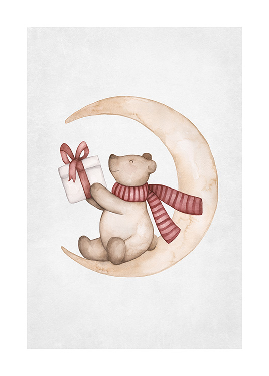 – Illustrasjon av en liten bjørn med rødt skjerf, som sitter på en måne og holder en julegave