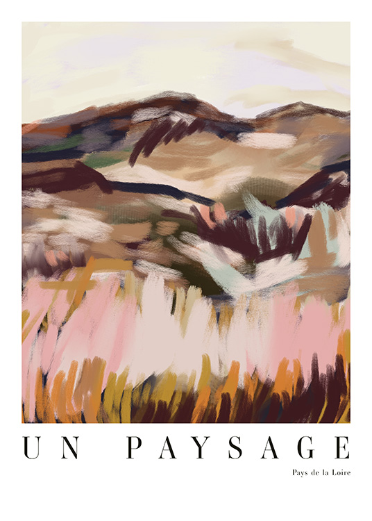  – Abstrakt maleri av et landskap i forskjellige nyanser av brunt og rosa, med tekst nederst