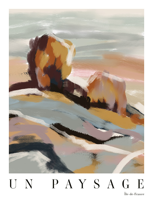  – Abstrakt landskapsmaleri i nyanser av beige, grått, rosa og hvitt, med tekst nederst