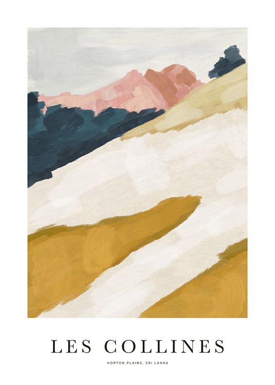  – Maleri med abstrakt motiv i gult, beige, blått og rosa, med tekst under