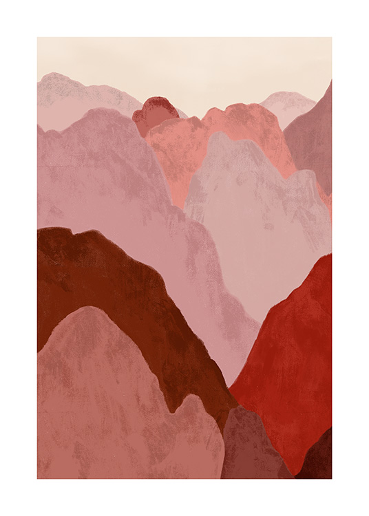  – Illustrasjon med et rosa og rødt abstrakt fjellandskap